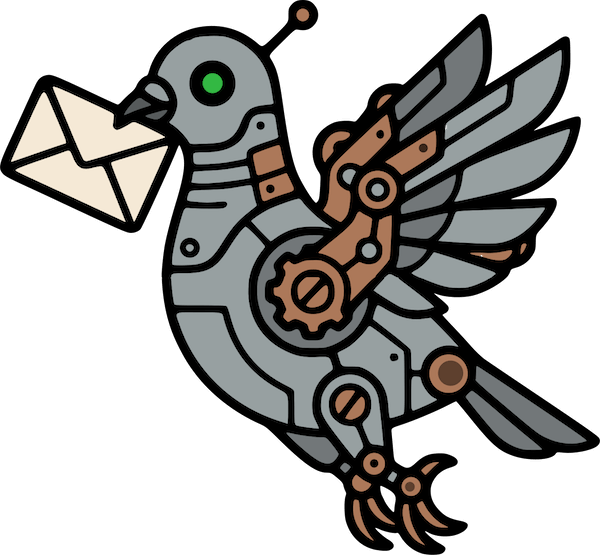 AIMX pigeon mascot, a steampunk-style robotic pigeon carrying an envelope