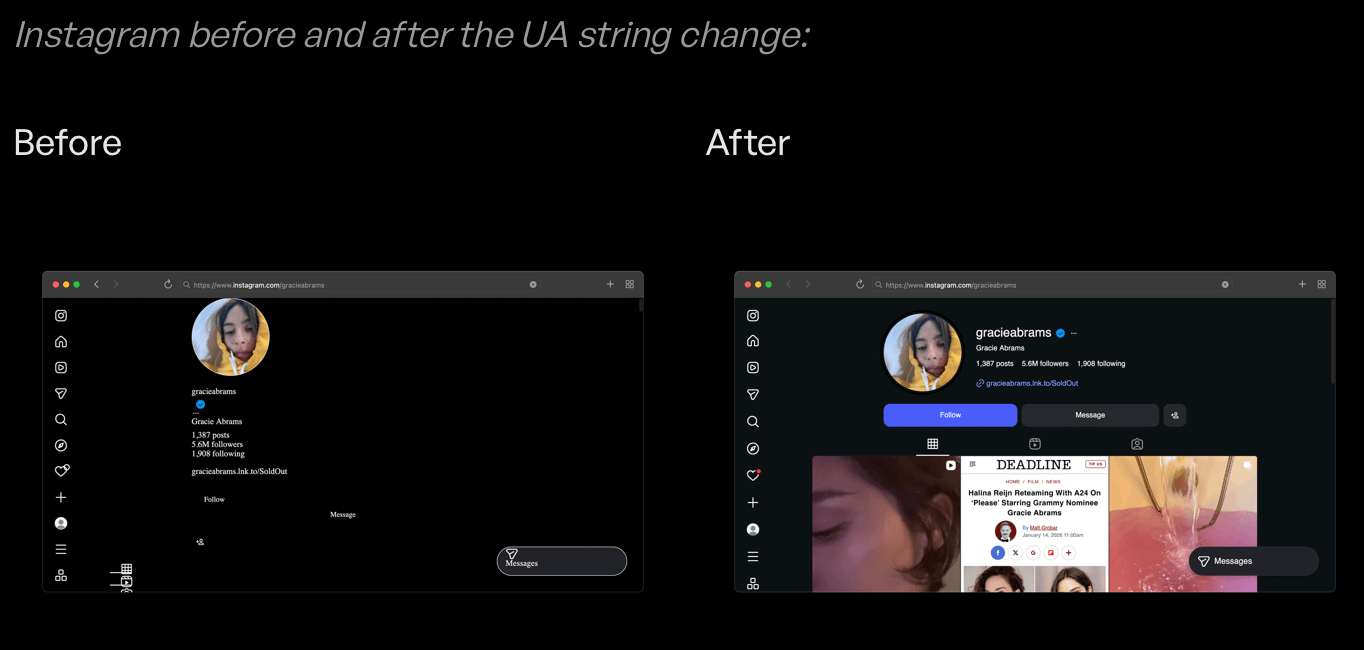 Instagram before and after the UA string change